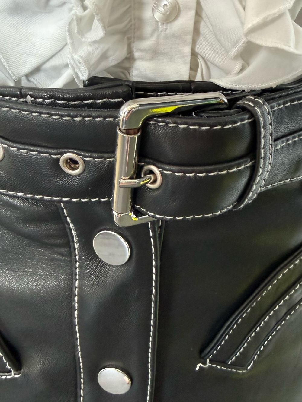 Maje Black Leather A-Line Skirt with Belt and Snap Front - Picture 4 of 9